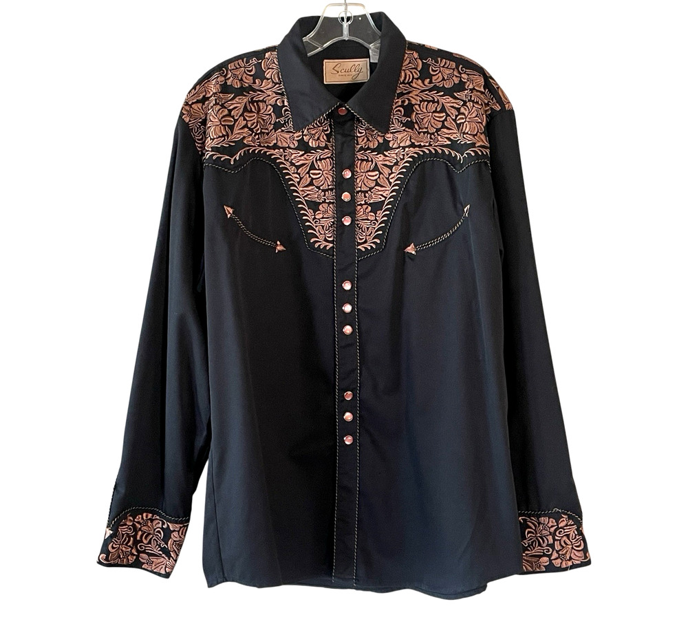 SCULLY Mens Large Black Copper Embroidery Western Long Sleeve Pearl Snap Shirt